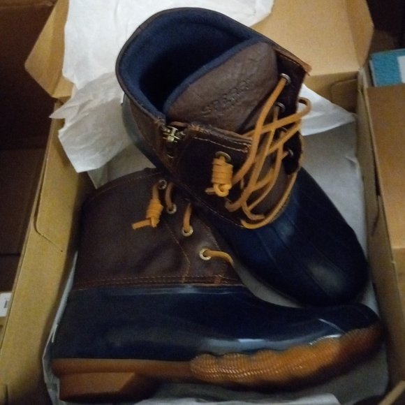 SPERRY Top Sider Saltwater Duck Waterproof Boots 91175 Navy+ Brown Leather 7.5 - Picture 11 of 14